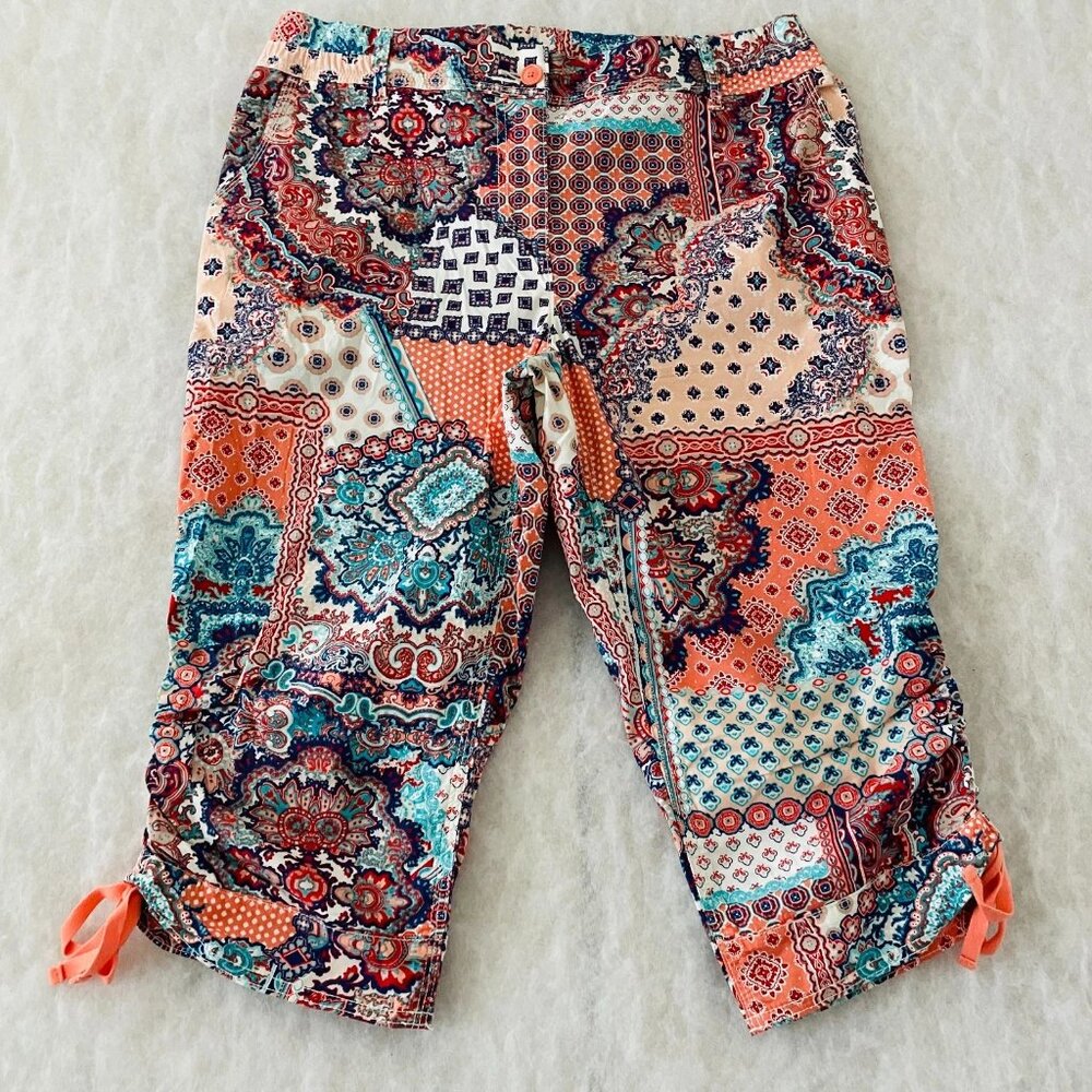 Chico's Coral Teal Multi-Pattern Capris
